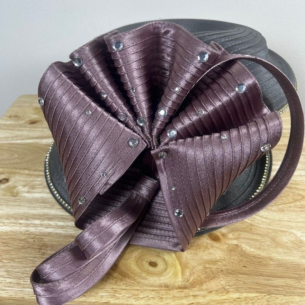 Susanna Womens Church Dress Hat Gray Purple Bow Rhinestone Derby Wedding - Picture 2 of 8
